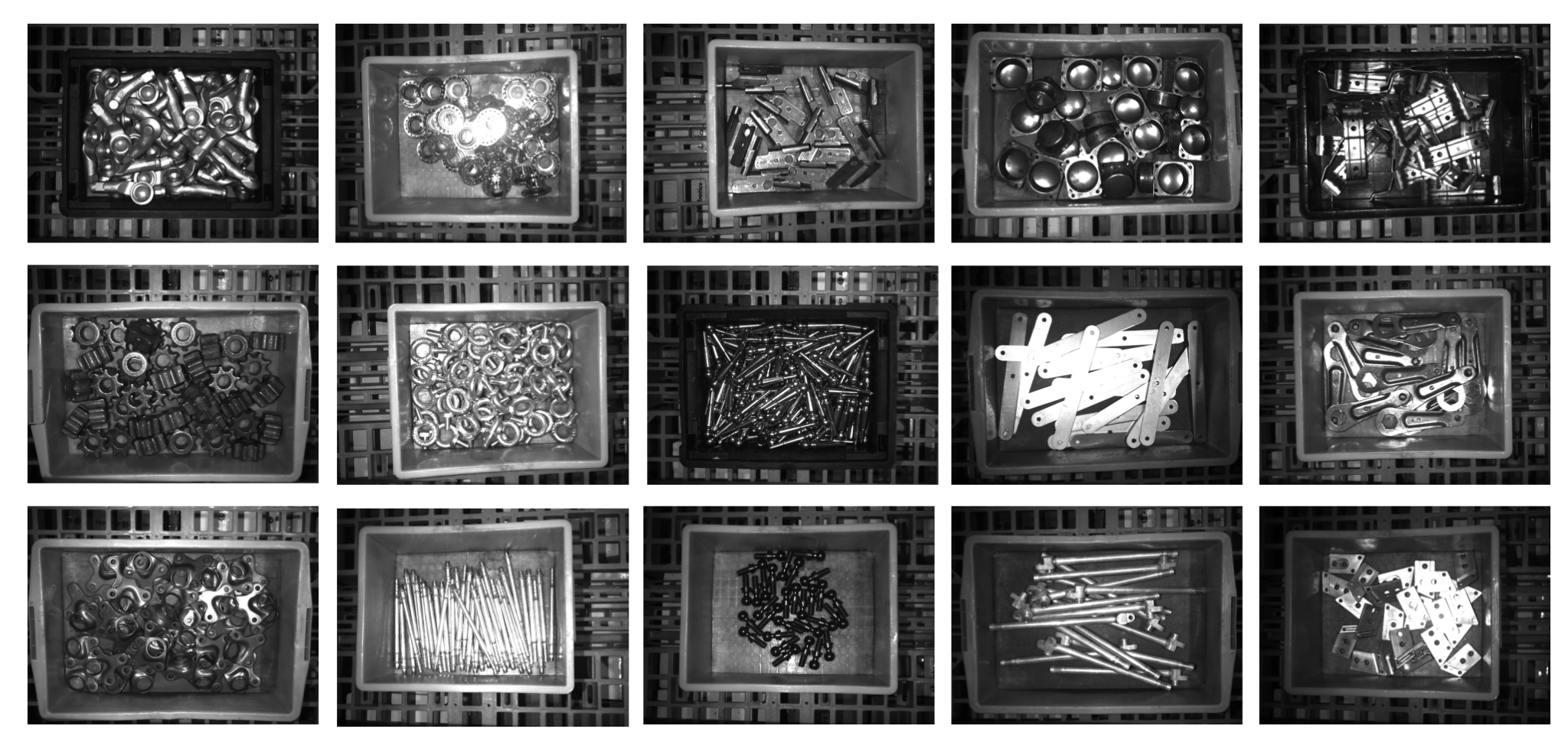 A collection of bins filled with many different industrial components