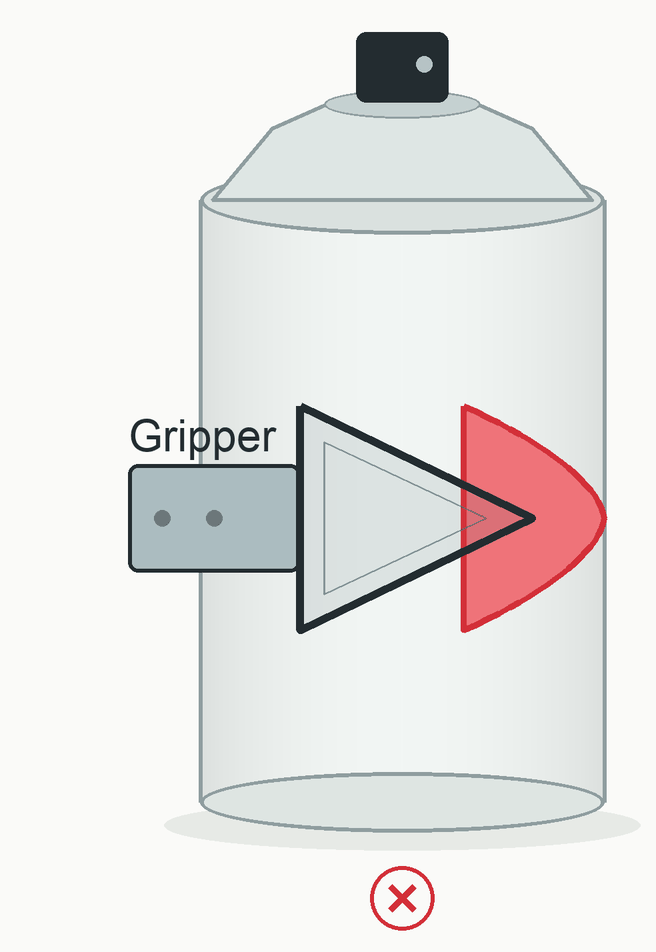 A YAM-inspired triangular gripper jaw must overlap the spray paint can’s red triangle exactly. Wrong rotation and wrong height are marked with an X; the exact triangle match is marked with a check.
